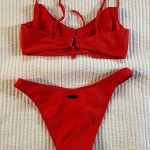 Traingl Two Piece Red Ribbed Swimsuit